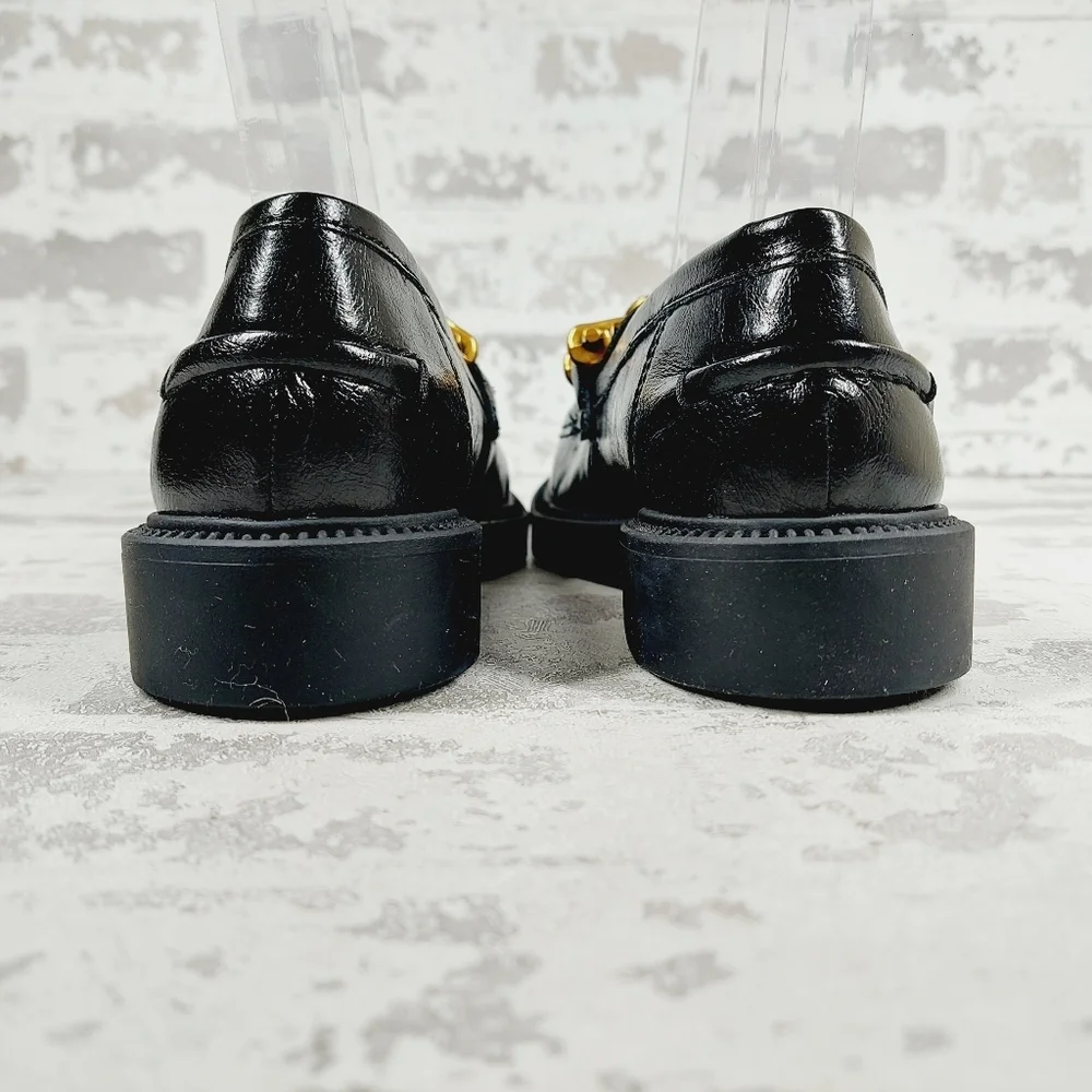 New Steve Madden Karmine Gleaming Black Leather Goldtone Hardware Loafer W945 - Picture 6 of 11